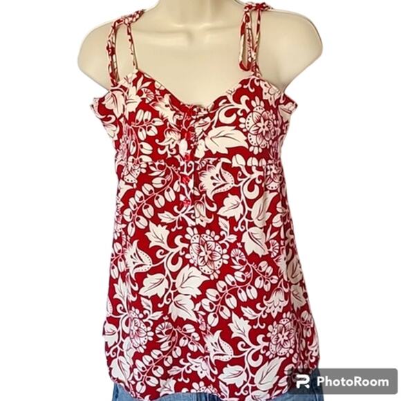 Excellent Forever 21 Juniors Red White Floral Adjustable Strap Tank Top Sz Large - Picture 2 of 7